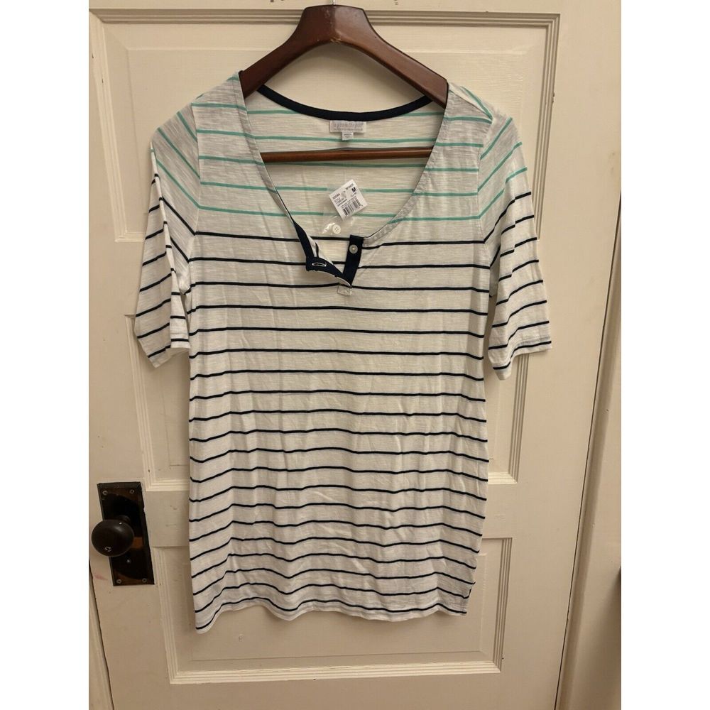 A Pea In The Pod White Black Green Striped Shirt Size Medium Half Sleeve New $49